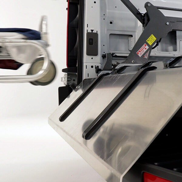 A cot about to be loaded using the DD2000-XLC's bumper ramp