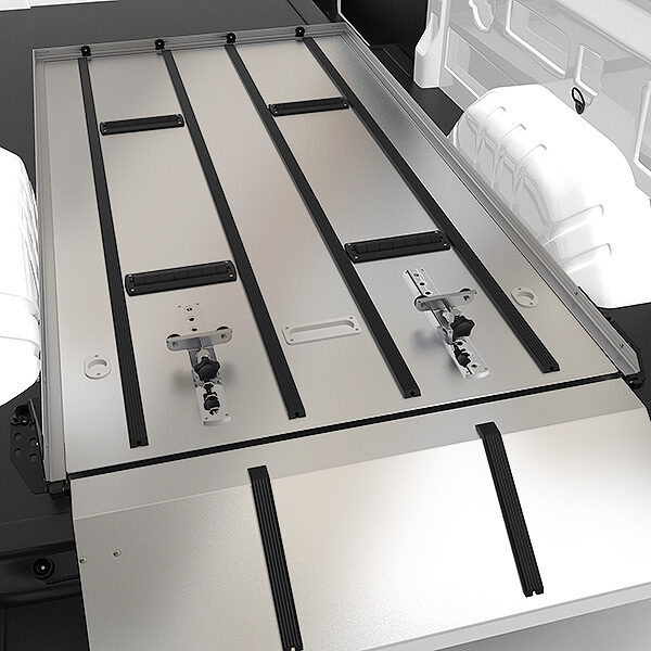 SS150XLC installed in cargo van showing bier pin plates, casket rollers and glide strips